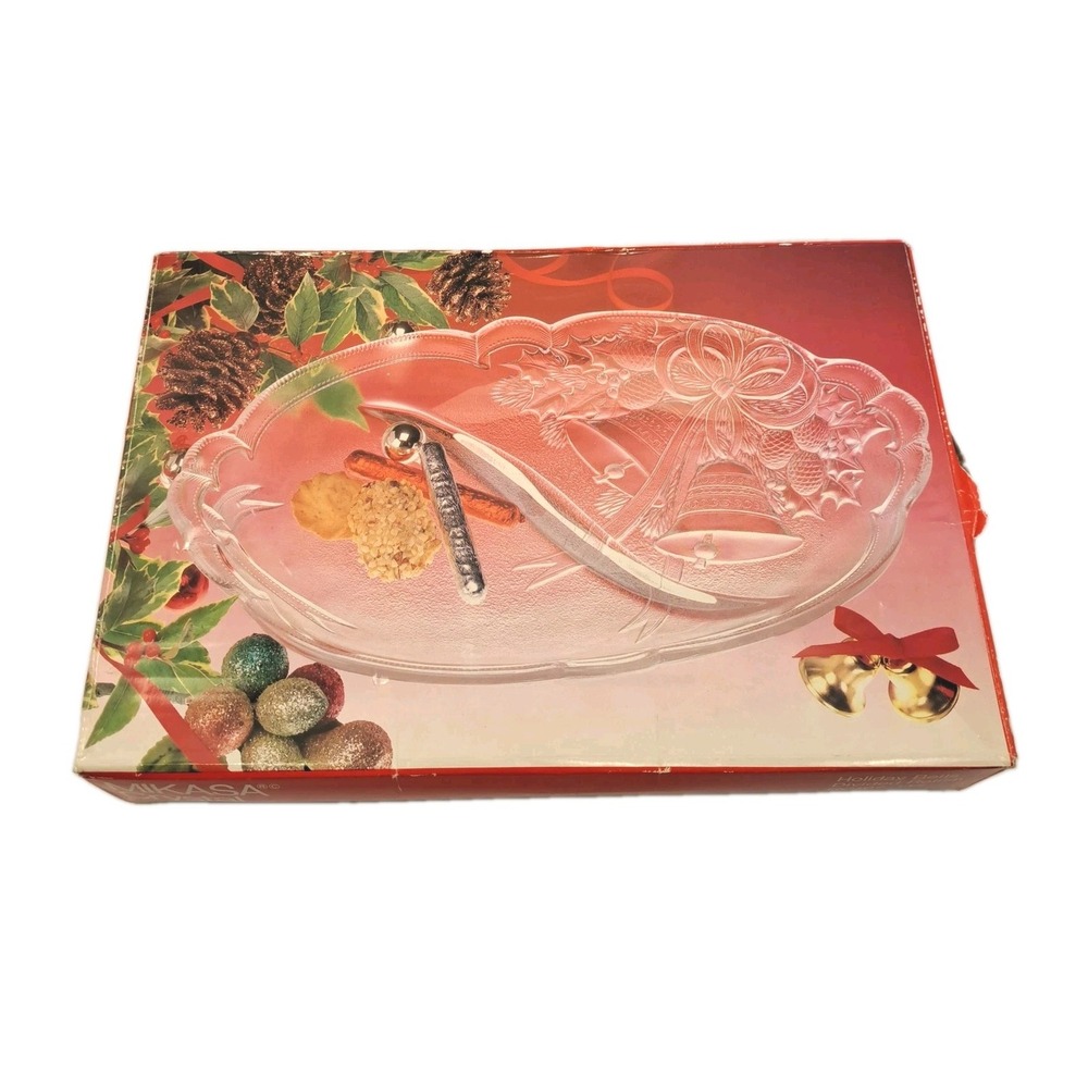 Mikasa Holiday Bells Clear Glass Oval Platter, Boxed Decorative Christmas